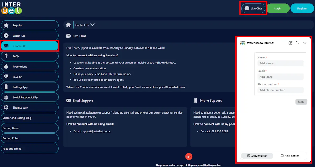 Interbet Contact us and live chat Screenshot