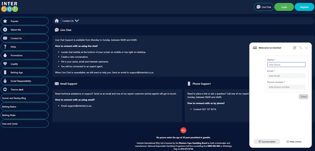 Interbet Customer Support and Contact Us information Screenshot