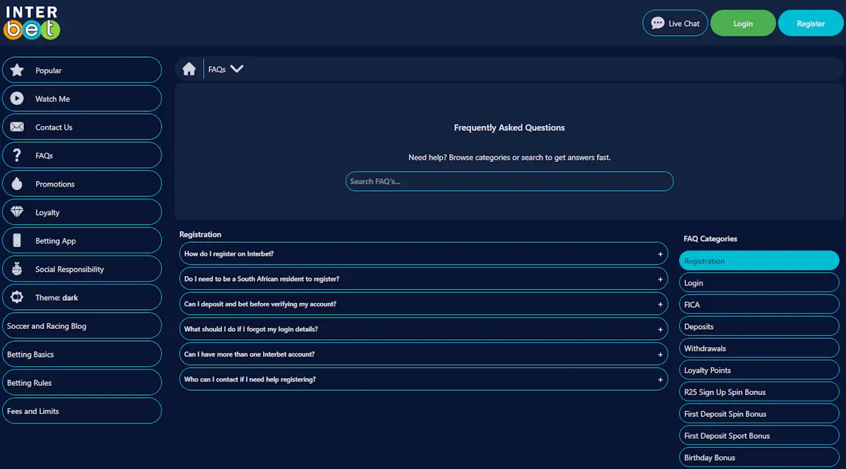 Interbet FAQ section Screenshot