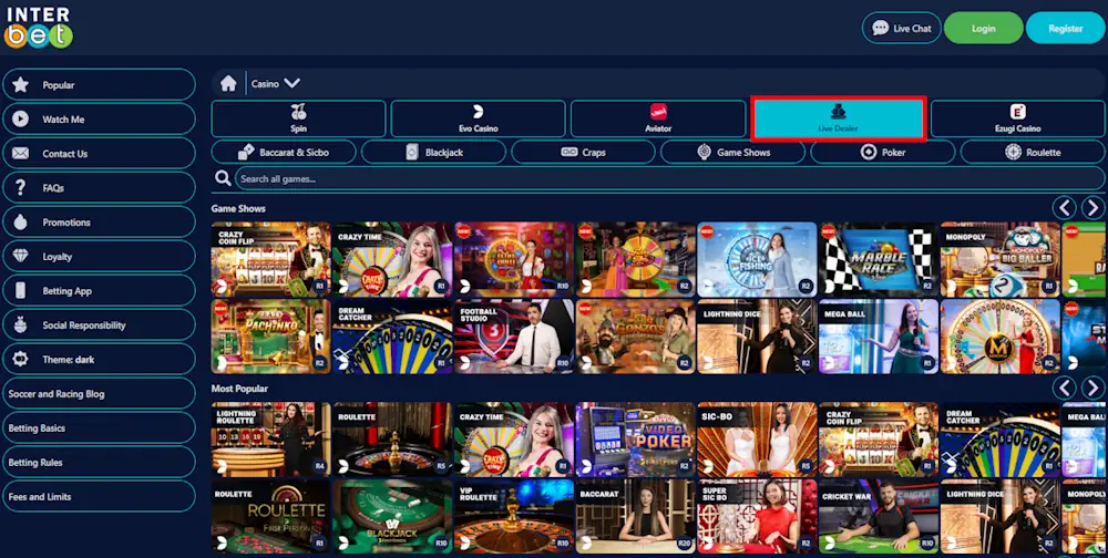 Interbet Live Dealer Games Screenshot