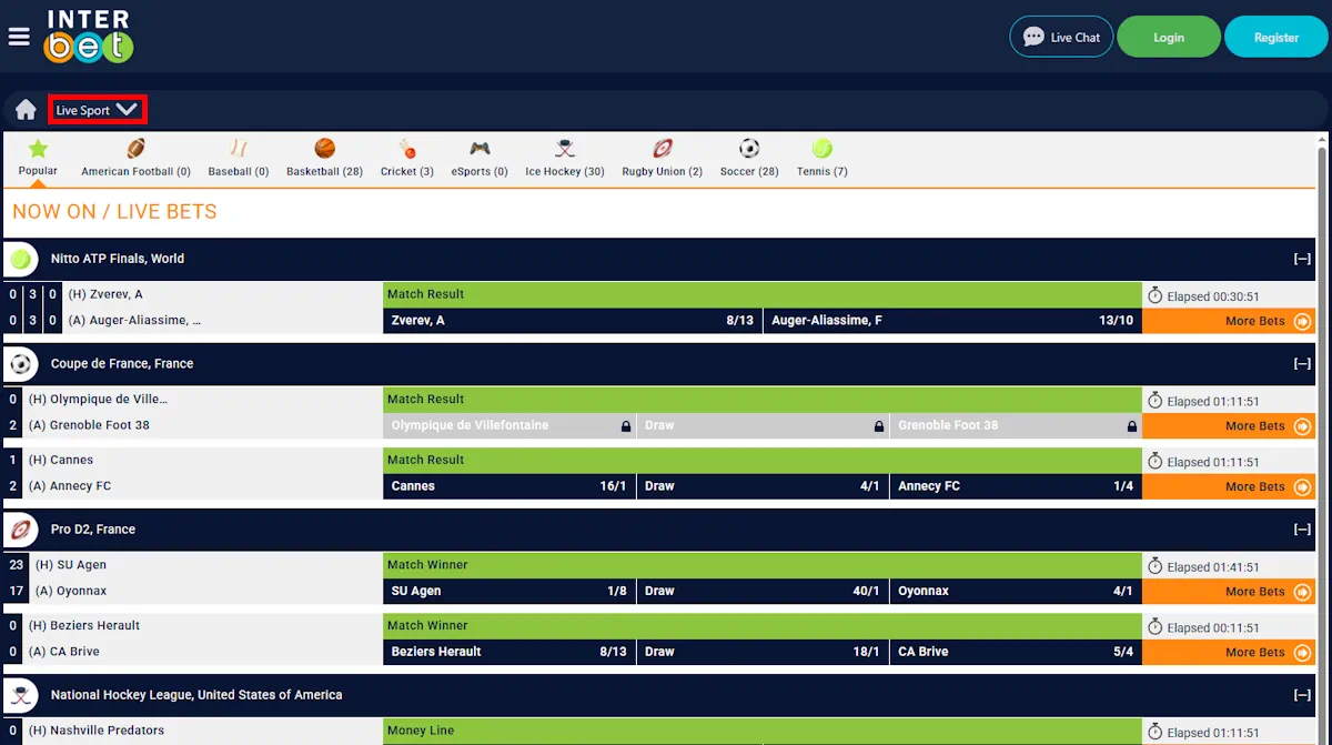 Interbet Live Sports betting Screenshot
