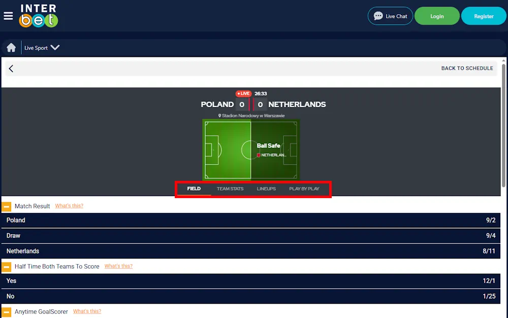 Interbet live betting interface of match Screenshot