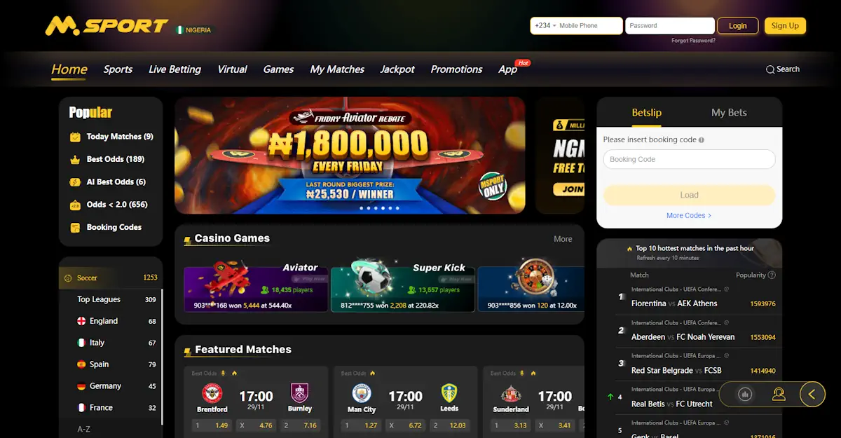 Msport Sportsbook and Casino Homepage Screenshot