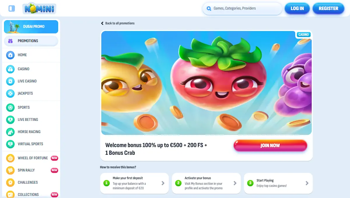 Nomini Casino Welcome Bonus Screenshot