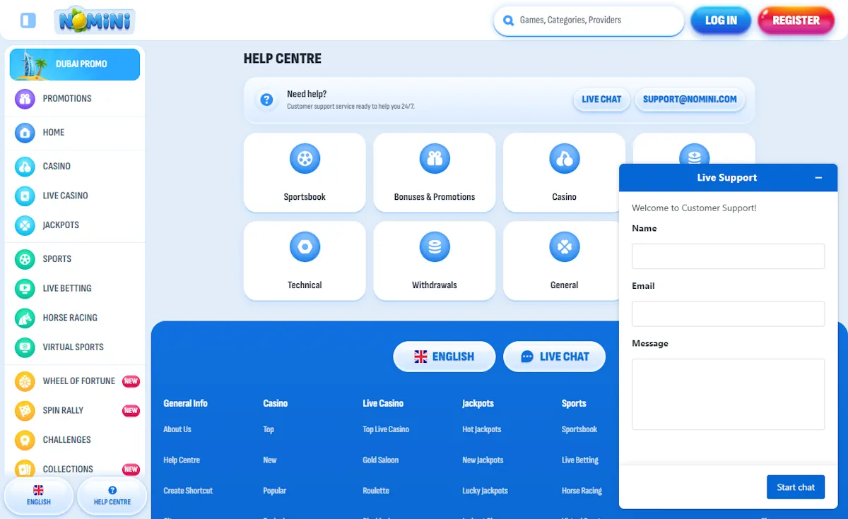 Nomini Help centre and live chat Screenshot