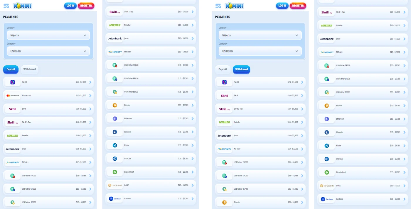 Nomini Payments and withdrawal Screenshot