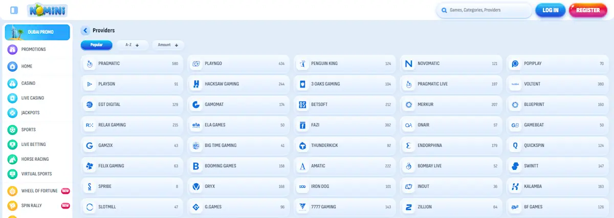 Nomini Platform's providers Screenshot