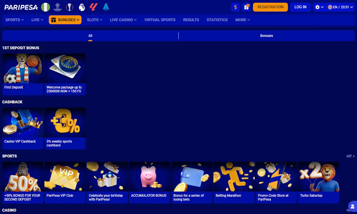 Paripesa Bonuses Screenshot