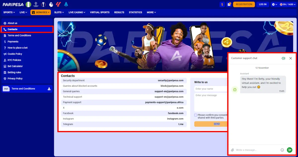 Paripesa Customer Support and Help Screenshot
