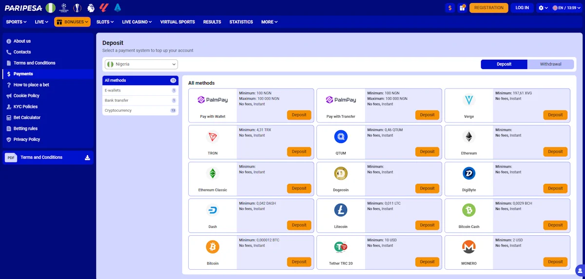 Paripesa Deposit options Screenshot
