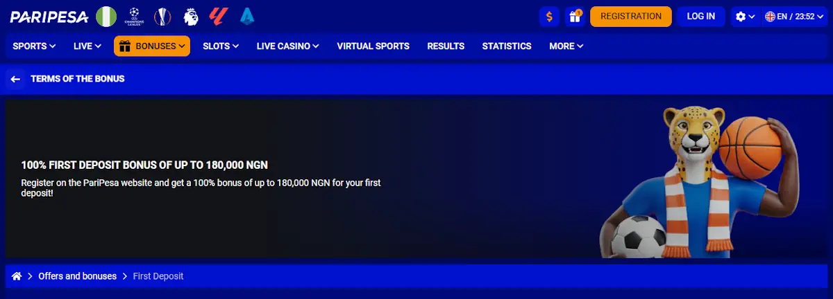 Paripesa First deposit bonus Screenshot