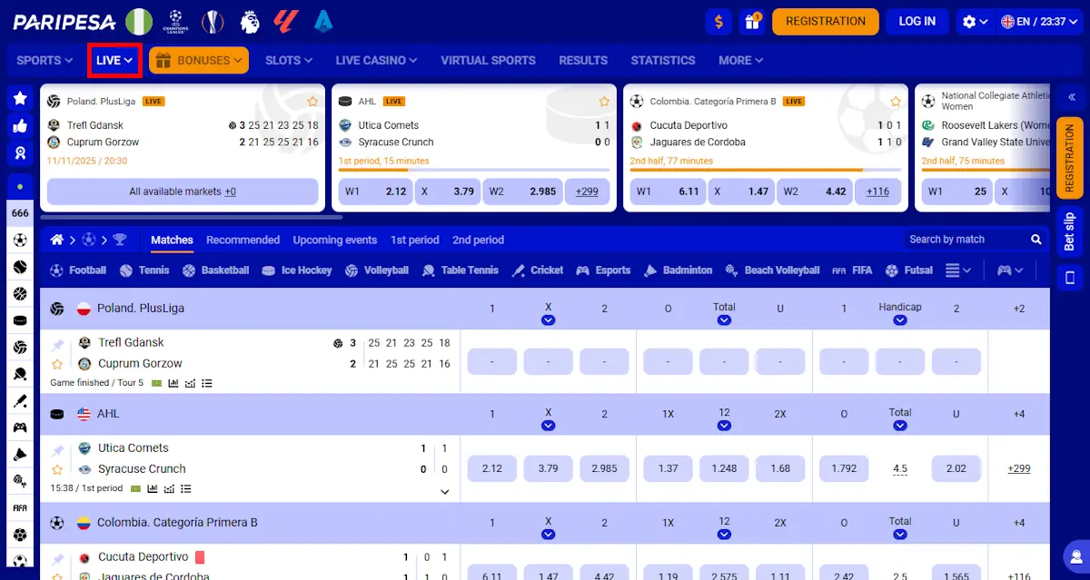 Paripesa Live Betting Screenshot