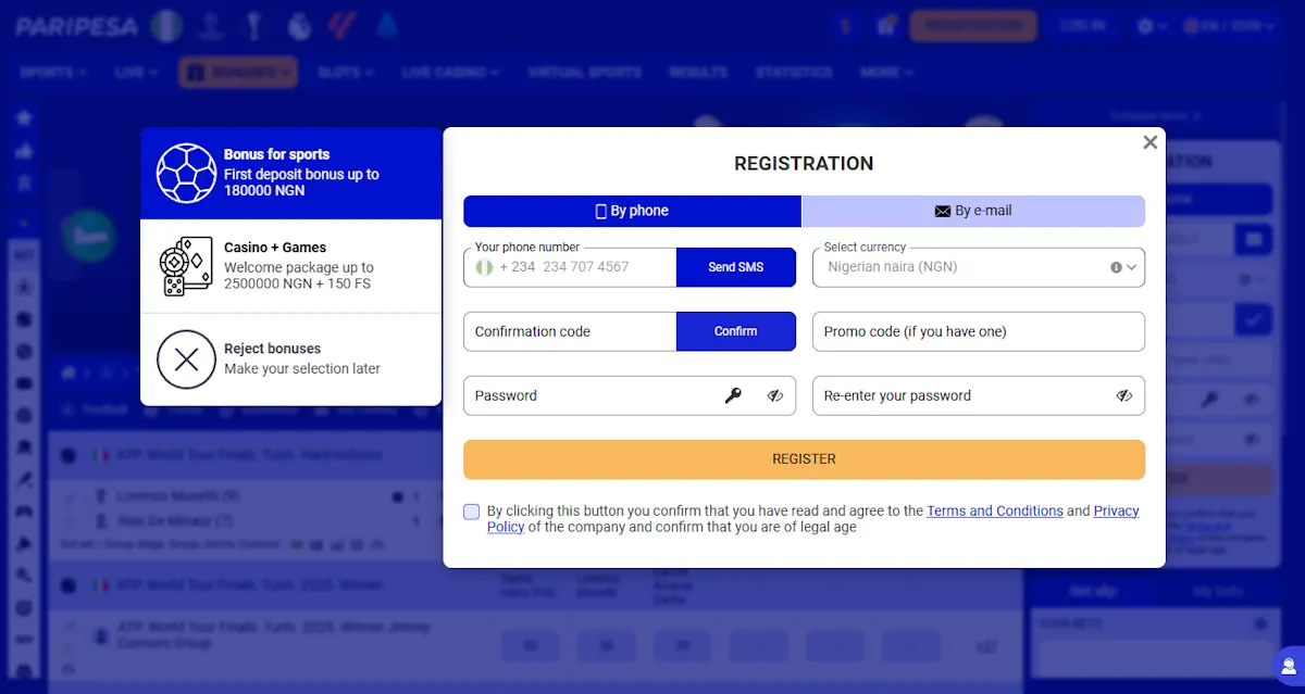 Paripesa Registration Screenshot