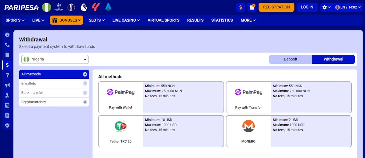Paripesa Withdrawal Screenshot