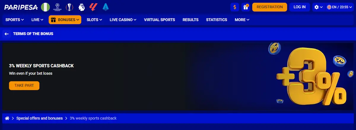 Paripesa weekly sports cashback bonuse Screenshot