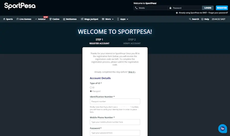 Sportpesa Registration Screenshot