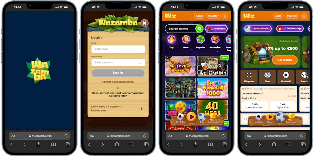 Wazamba Mobile website Screenshot