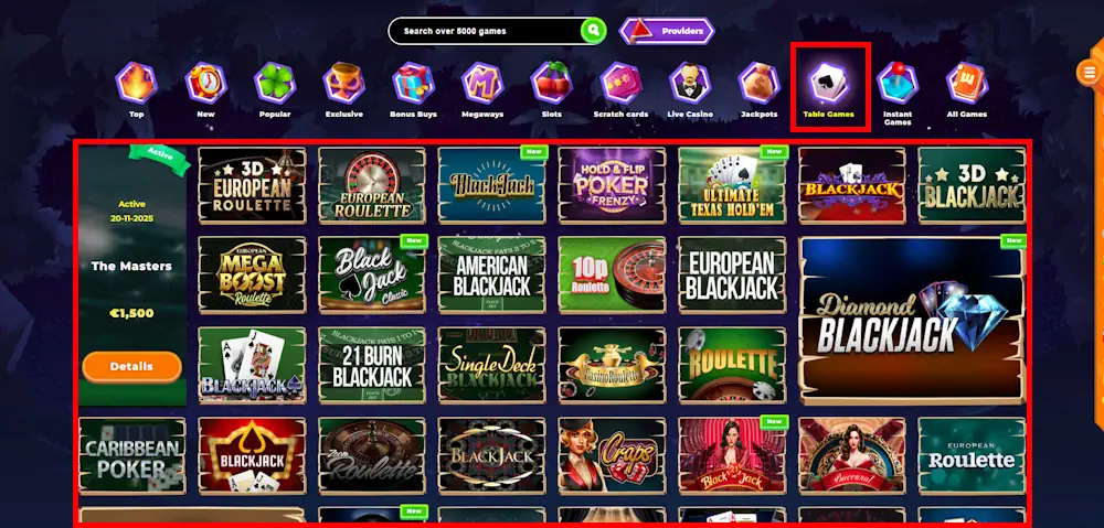 Wazamba Table Games Screenshot