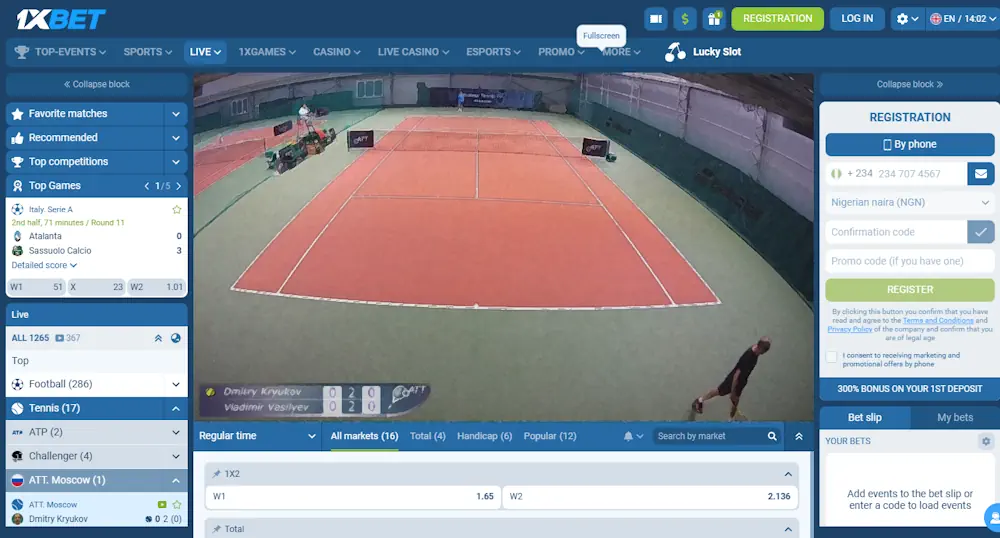 1xBet Tennis live betting Screenshot