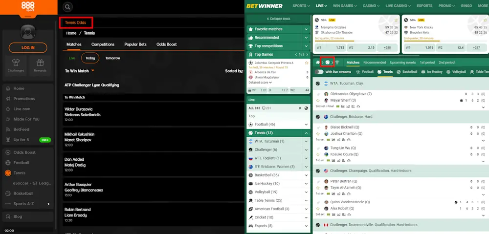 Tennis 888sport and Betwinner tennis odds Banner