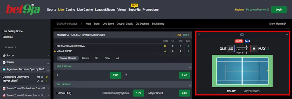 Tennis Bet9ja Live Betting Screenshot