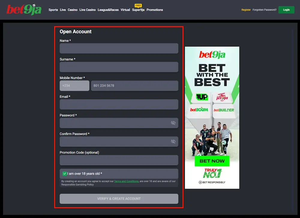 Tennis Bet9ja Registration form Screenshot
