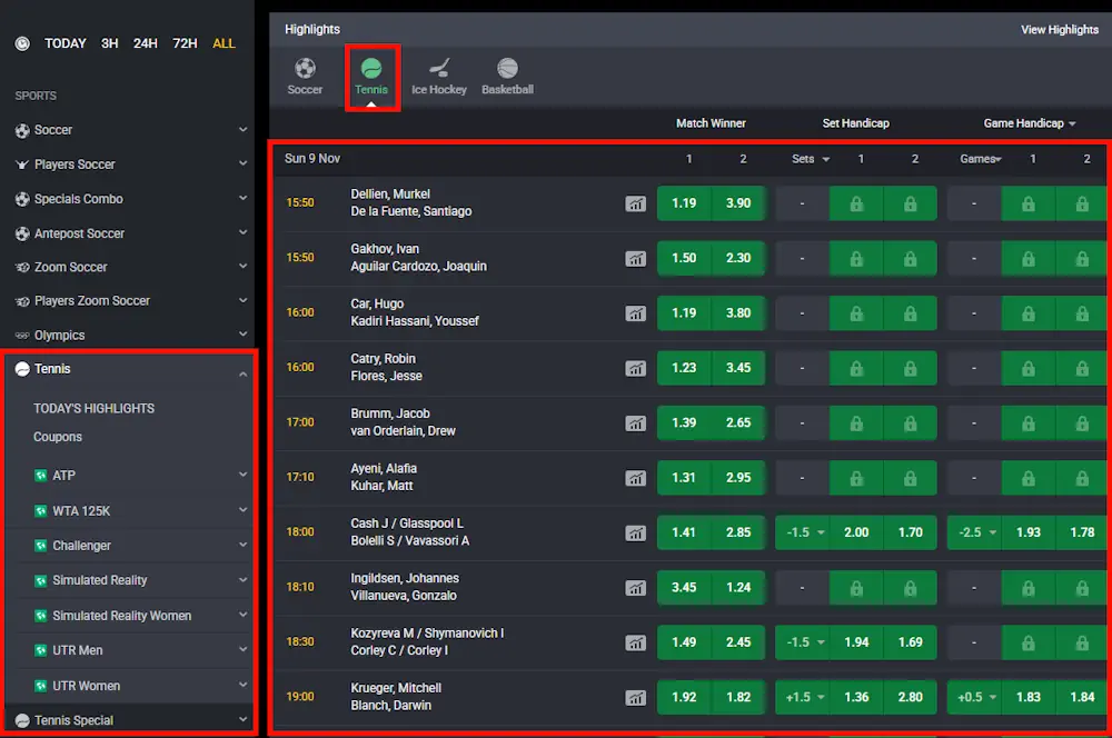 Tennis Bet9ja Tennis section Screenshot